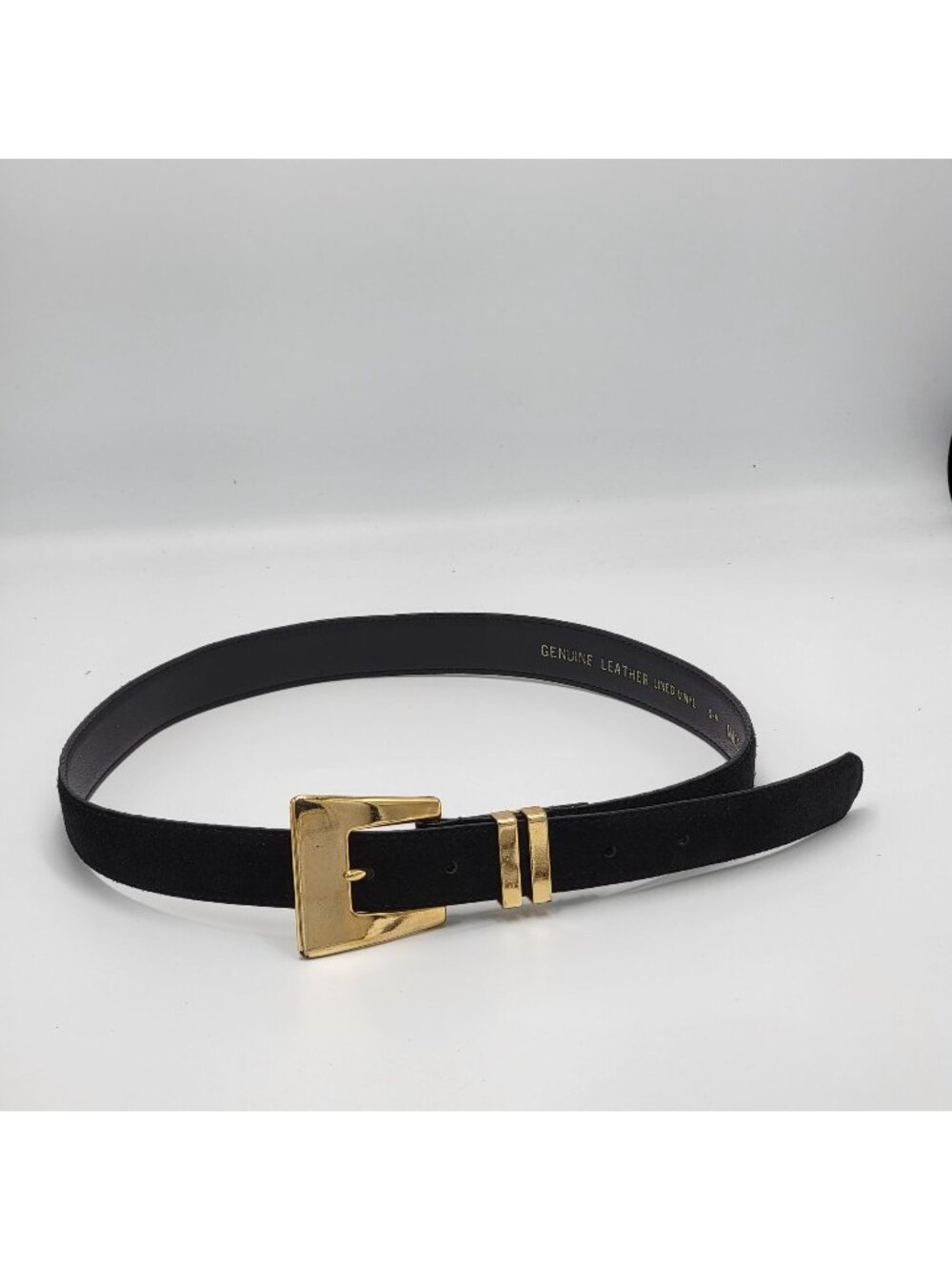 Black Genuine Leather Belt With Gold Buckle & Vinyl Lining - Size S-M Made In Ta